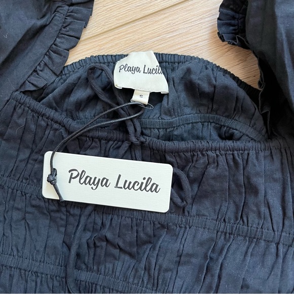 Playa Lucila Romantic Poplin Black Smocked Short Sleeve Midi Puff Sleeve Dress - Picture 6 of 10